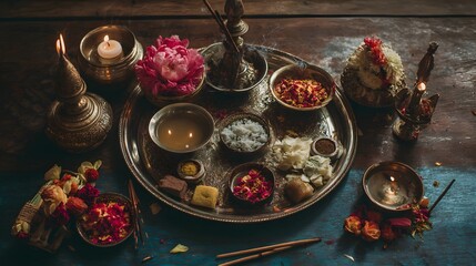 Hindu puja thali for spiritual rituals and prayer with flowers and candles for religious ceremony and faith