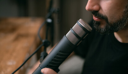 Audio podcast recording studio. A young man sits at a table in front of a microphone, recording the...