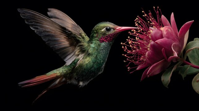 Hummingbird flying close up to pink flower detailed wings nature photography wildlife black background art 4k