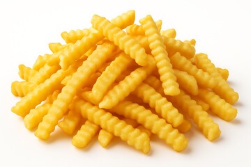 A pile of crispy golden fries isolated on white background