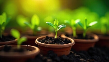 Sun-Dappled Seedlings Thriving in Terracotta Pots A Vibrant Spring Vegetable Garden