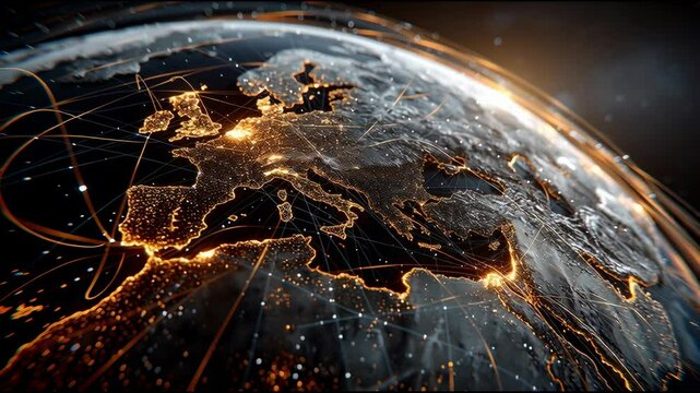 glowing earth network animation with golden connections over europe, futuristic digital world map background perfect for business, corporate, finance presentations, technology intros, global data 4k - Powered by Adobe
