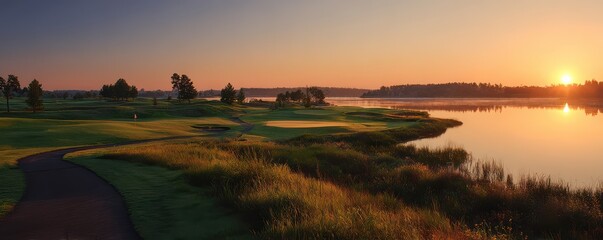 Serene Sunrise Over a Calm Lake and Green Golf Course Surrounded by Lush Trees and Beautiful Landscape in Early Morning Light
