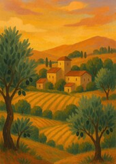 Idyllic Tuscan countryside landscape painting.