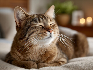 Serene tabby cat basks in warmth