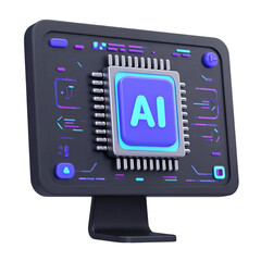 AI monitor futuristic 3D computer screen with neural processor core vibrant tech illustration for machine learning marketing and fintech branding visuals