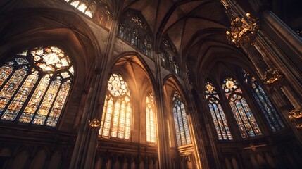 Obraz premium Beautiful cathedral interior with stained glass windows architecture and religious building design