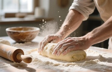 Baker’s hands kneading dough on floured surface, soft daylight and flour particles, baking photography for artisan food and culinary visuals