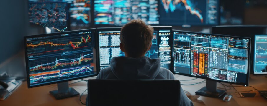 Focused male analyst sitting at desk with multiple monitors displaying stock market data and graphs in a modern financial analysis room at night