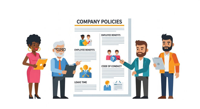 a diverse team discussing company policies. the visual includes employee benefits, code of conduct, and leave time. it represents workplace guidelines and hr regulations for business compliance.

