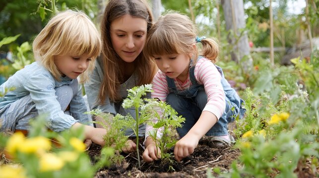 Mother and children gardening together planting seedlings in the garden family time outdoor activity - Powered by Adobe