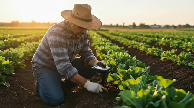 Caucasian farmer man in hat using smart device for digital farm management and soil analysis in a cultivated field at sunset, footage.