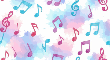 A seamless pattern of watercolor music notes with soft gradient colors in blue, pink, and purple