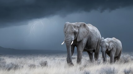 Fototapeta premium Elephant family walking in african savanna with storm clouds wildlife photography animal behavior