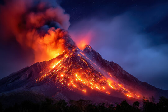 Erupting volcano spews lava and ash under a starry night sky in Guatemala - Powered by Adobe