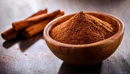ground cinnamon aromatic spice in bowl with cinnamon sticks