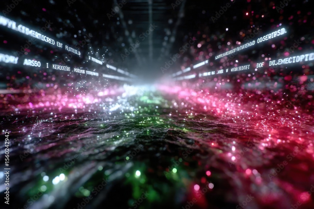 Poster digital landscape with glowing particles and data streams flowing through a cybernetic environment