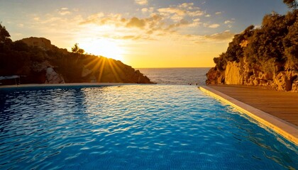Water reflects the warm yellow sunset sky beside a peaceful swimming pool, evoking a calm vacation atmosphere, perfect for relaxation, unwinding, and enjoying tranquil moments in a serene environment.