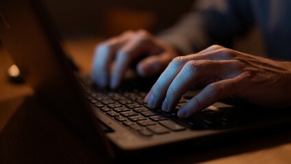 Hands, keyboard, laptop, light, shadows — a dramatic macro shot capturing the precise motion of two fingers typing under glowing white backlight and soft rim lighting in a moody, dim home workspace.

