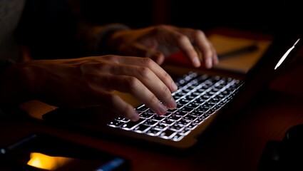 Hands, keyboard, laptop, light, shadows — a dramatic macro shot capturing the precise motion of two fingers typing under glowing white backlight and soft rim lighting in a moody, dim home workspace.

