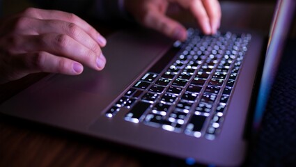 Hands, keyboard, laptop, light, shadows — a dramatic macro shot capturing the precise motion of two fingers typing under glowing white backlight and soft rim lighting in a moody, dim home workspace.

