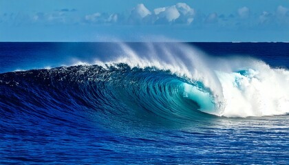 Powerful Teahupoo wave, iconic among surfers, rises majestically in crystal blue waters, crowned with frothy white foam, forming a breathtaking, natural wall of ocean energy, beauty, force, and untame