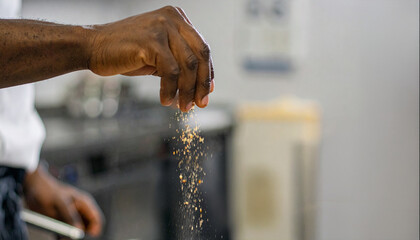 A chef delicately sprinkles spices over food, showcasing the art of culinary expertise