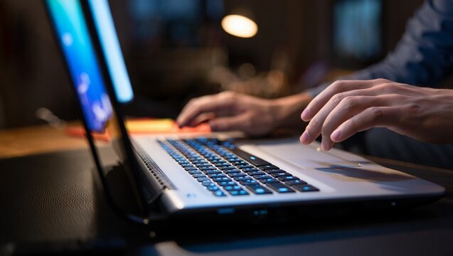 Hands, keyboard, laptop, light, shadows — a dramatic macro shot capturing the precise motion of two fingers typing under glowing white backlight and soft rim lighting in a moody, dim home workspace.

