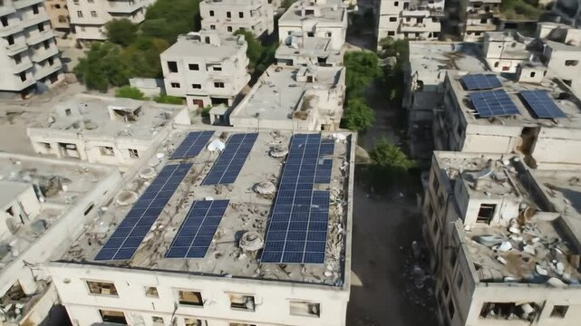 Drone aerial footage of urban rooftop buildings featuring solar panel arrays on top of white flat-roof apartments