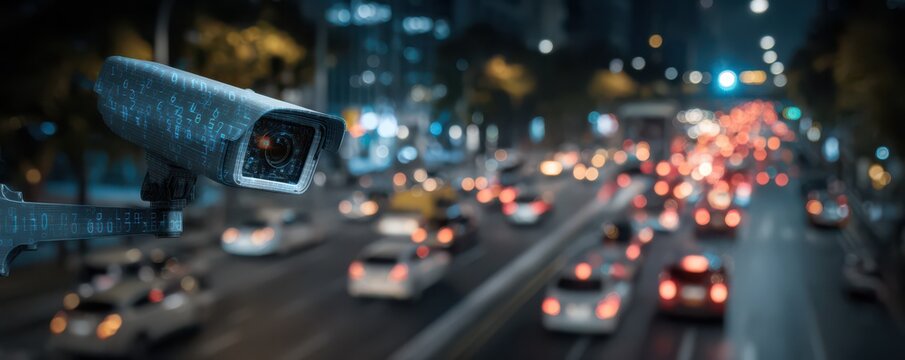 Urban Surveillance System Monitoring Traffic Flow at Night with Blurred Vehicle Lights and Cityscape in the Background - Powered by Adobe