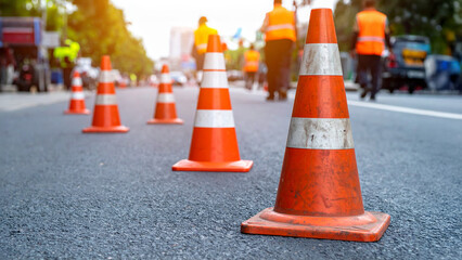 A row of traffic cones marking a construction zone on an asphalt road