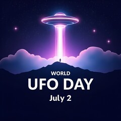 World UFO Day Social Media Poster with Futuristic UFO and Starry Night Sky Illustration
