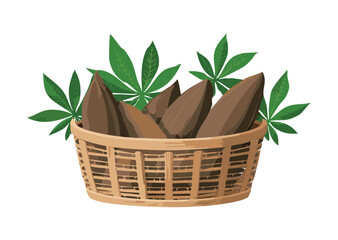 Basket of Dark Sweet Potatoes and Leaves - Vector Illustration