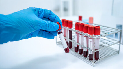 A close-up shot of a scientist holding a test tube containing a blood sample