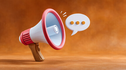 Megaphone emits glowing speech bubble emphasizing dynamic communication. Warm background enhances visual appeal. Concept for marketing, public relations, media