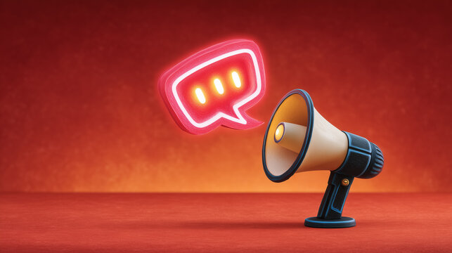 Glowing speech bubble emerges from megaphone illustrating public messaging and outreach. Warm background enhances visibility of the illustration. Concept for marketing, advertising, communication