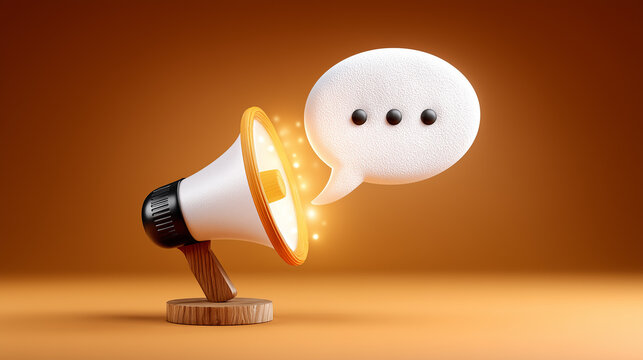 Glowing speech bubble emerges from megaphone illustrating public messaging and communication concepts. Warm background creates inviting atmosphere. Concept for advertising, media, communication