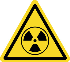 Radiation warning sign in yellow triangle with black atomic hazard symbol for nuclear, chemical danger and safety indication.