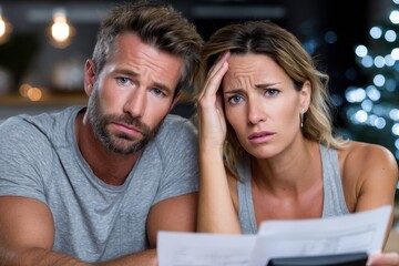 Couple looks worried while reviewing financial documents at home in the evening