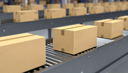 Cardboard boxes moving on a conveyor belt in a warehouse. The boxes are neatly arranged and moving smoothly.