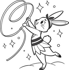 Cartoon animal illustrations for a child's winter coloring book, featuring a funny rabbit with a ball, a bee, and a butterfly