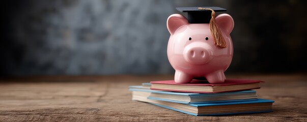 Piggy bank wearing a graduation cap on top of colorful books symbolizing financial literacy and education savings for students and future generations