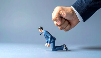 A conceptual image of a large fist about to strike a miniature person kneeling on the ground, possibly representing a business struggle, pressure, or setback
