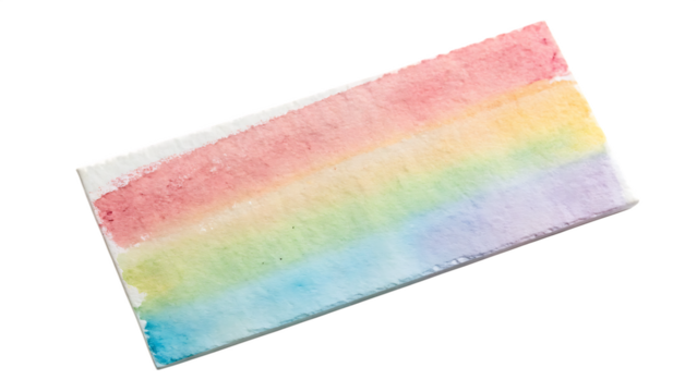 A delightful rainbow watercolor wash in pastel shades forms a rectangular shape isolated on transparent background