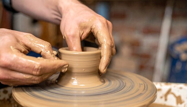 Close-up of a potter shaping clay on a spinning wheel, showcasing the artistic process and skill involved