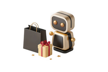 Friendly golden robot with shopping bag and gift box on white background