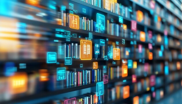 Digital library concept.  Bookshelf with glowing data icons.  Big data, information technology.