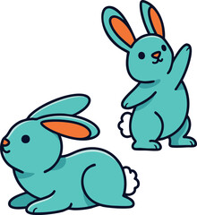 Obraz premium Cute blue rabbits in playful poses with orange ears and white tails vector illustration for kids and animals design