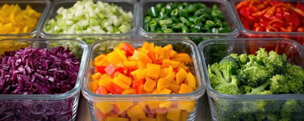 Colorful Fresh Vegetables in Glass Containers for Healthy Cooking Preparation Displaying a Variety of Colors and Textures in a Kitchen Setting