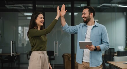 This image shows two colleagues, a woman and a man, happily giving each other a high-five in an office setting.